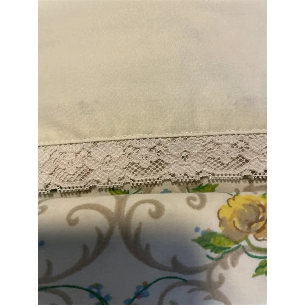 Vtg Cannon Royal Family FULL Sheet Set 70s Rose Watercolor‎ Floral Pink Lace
